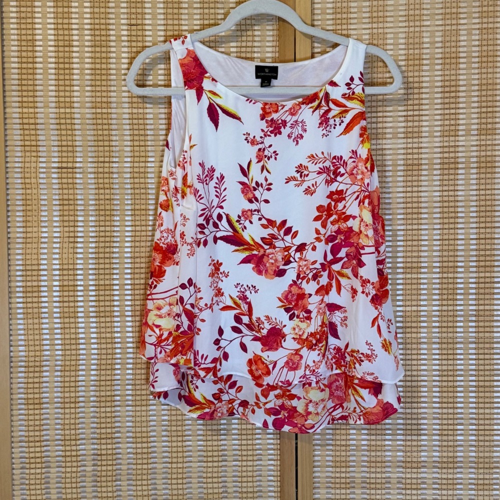 Worthington Floral Sleeveless Blouse White Red Orange Tiered Hem Size M Cottage